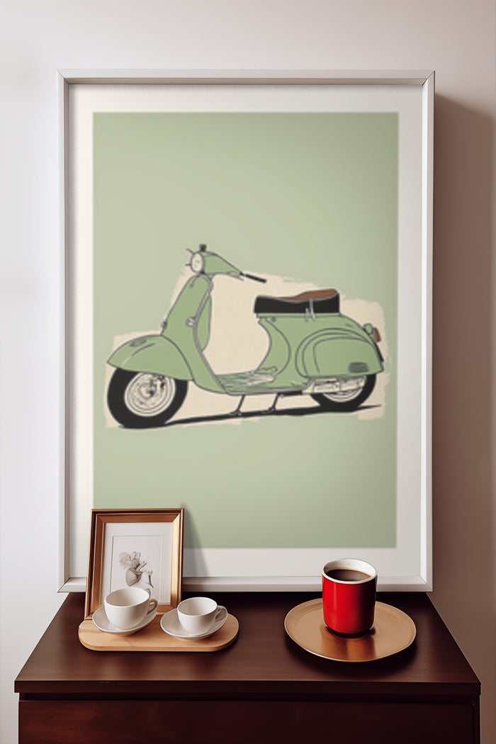 Minimalist vintage green scooter poster framed and displayed on home side table