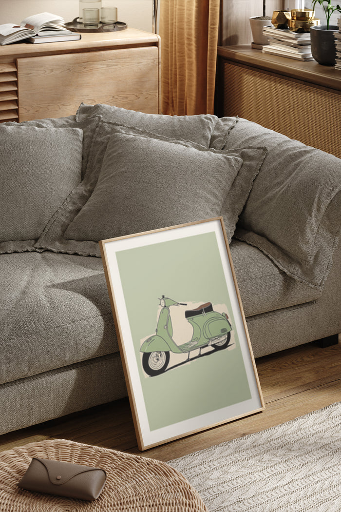 Vintage green scooter illustration poster framed on a cozy living room wall