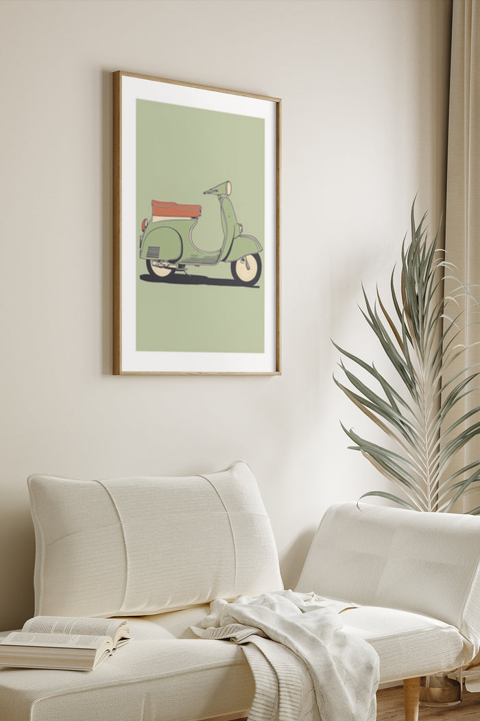 Vintage style scooter poster framed on a wall in a contemporary living room