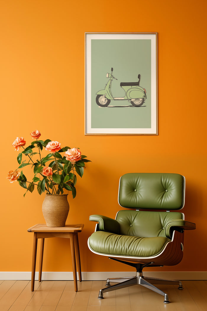 Vintage scooter poster on an orange wall in a modern interior design setting with mid-century chair and rose bouquet