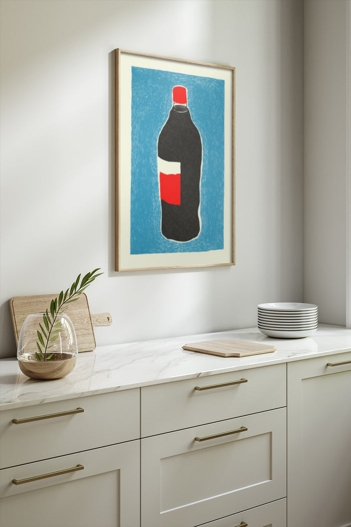 Vintage soda bottle poster framed in a modern kitchen setting