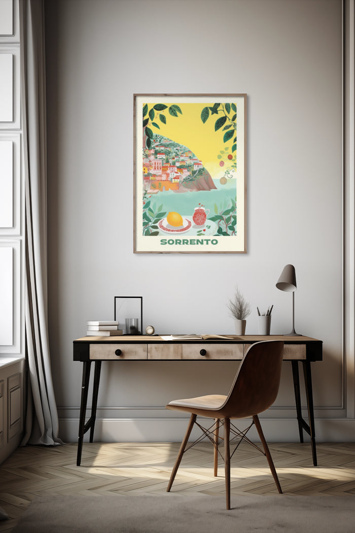 Vintage Sorrento Italy travel poster featuring coastal landscape, lemon, and pomegranate