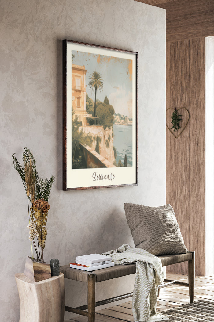 Vintage Sorrento Italy travel poster in a stylish room setting