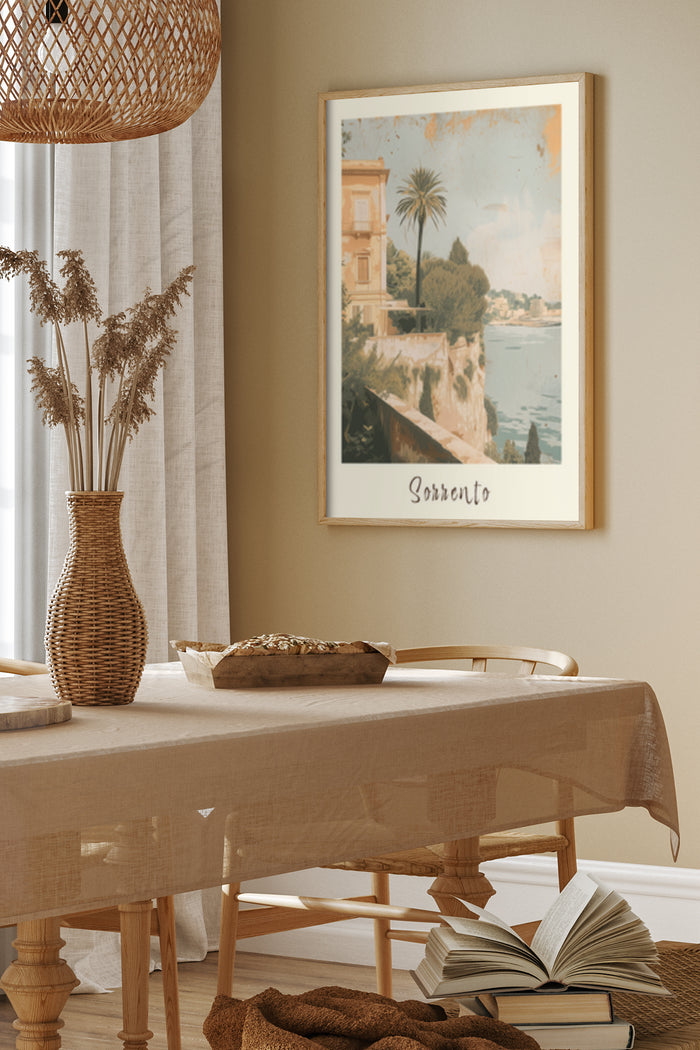 Elegant dining room with vintage Sorrento travel poster featuring seaside view