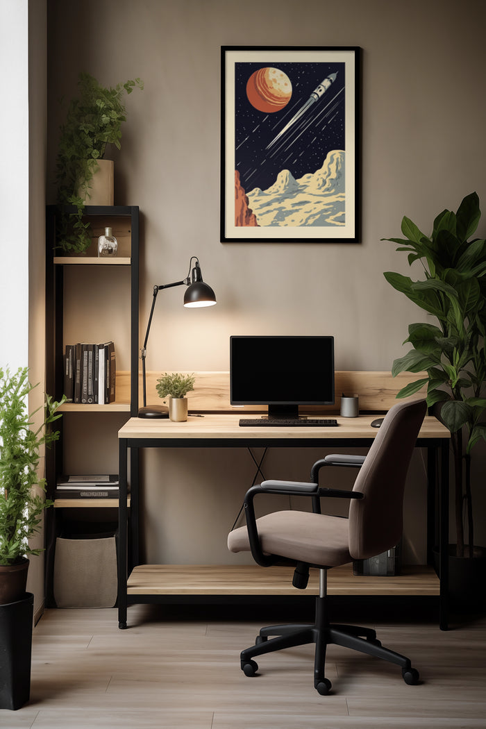 Retro space exploration artwork with planets and spaceship in a stylish office environment