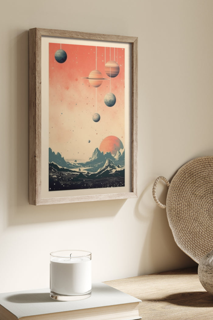 Vintage style space poster with planets and mountains, framed on a room wall