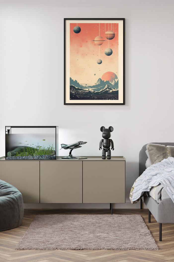 Vintage space exploration poster with retro style planets and mountains in a modern living room