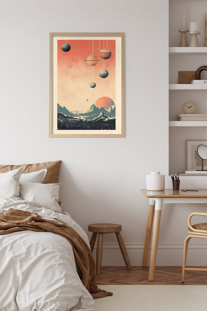 Vintage retro-style space poster with solar system planets and mountains