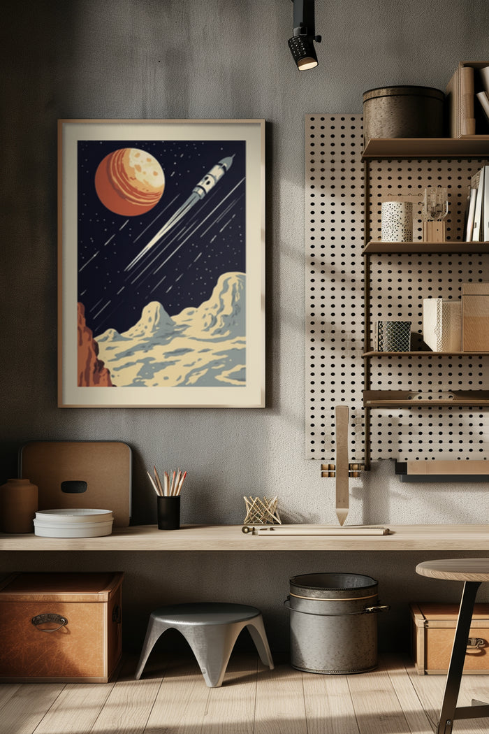 Vintage style space exploration poster with rocket, planets, and stars in a home office setting