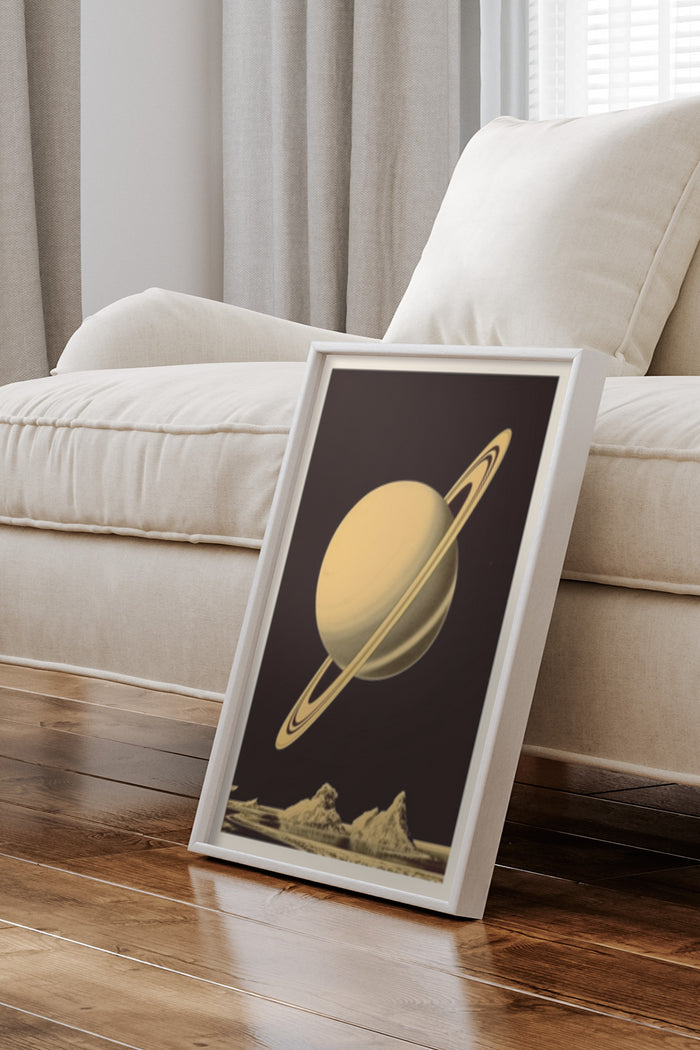 Vintage space-themed poster with illustrated Saturn and ring system leaning against a wall