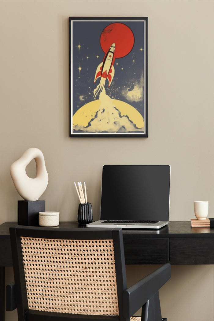 Vintage space rocket launching towards a red moon poster in a modern office setup