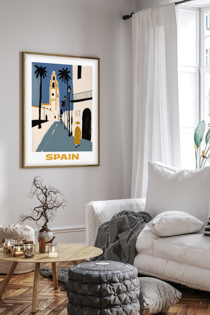 Vintage Spain travel poster with palm trees and architecture wall art in a stylish living room
