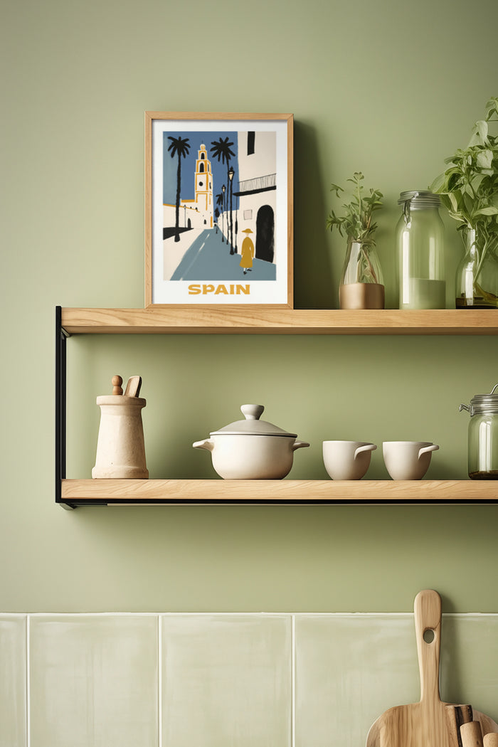 Vintage Spain travel poster in wooden frame on kitchen shelf with modern decor