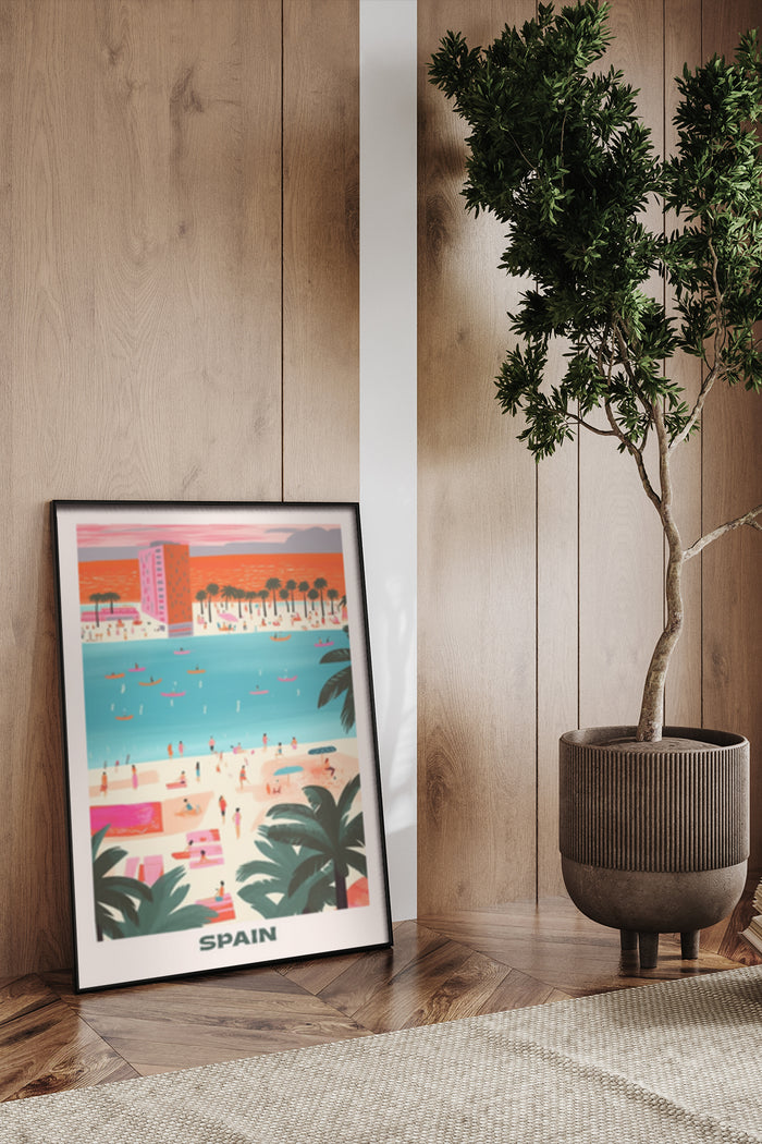 Stylish vintage travel poster of Spain with beach scene artwork in modern interior setting