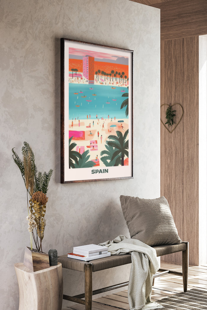 Vintage-inspired travel poster of Spain featuring a beach scene with palm trees and architecture