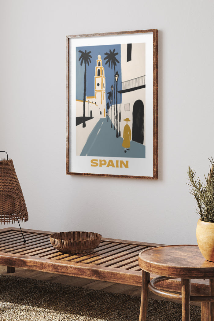 Vintage Spain Travel Poster with Palm Trees and Church Illustration