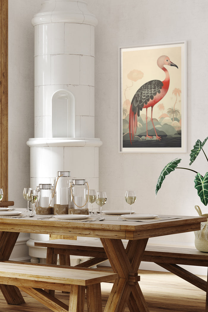 Vintage inspired stork poster framed art in a stylish dining room setting