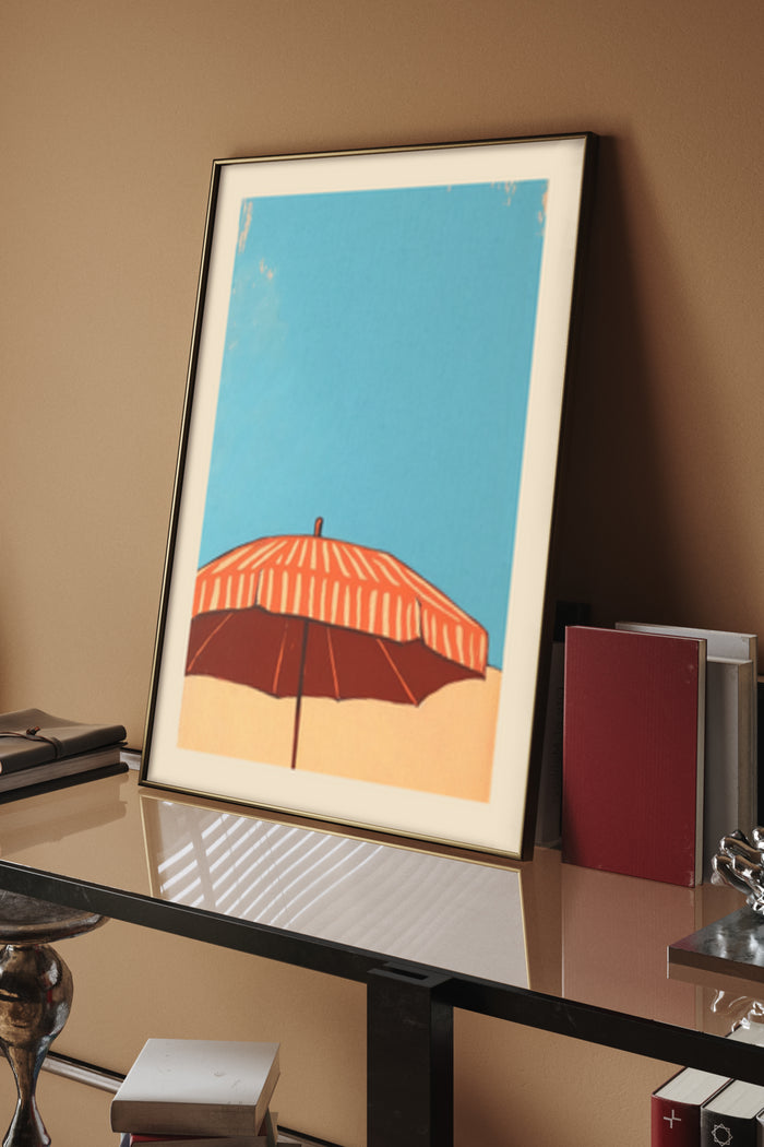 Vintage Striped Beach Umbrella Framed Poster in Modern Interior
