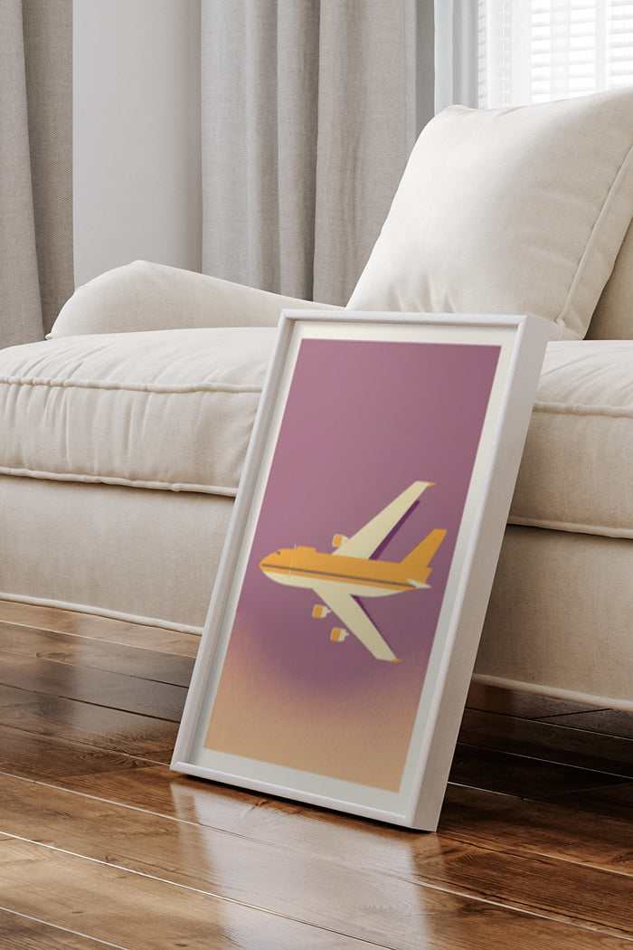 Vintage style poster artwork of a yellow airplane with a stylized sunset background displayed in a living room