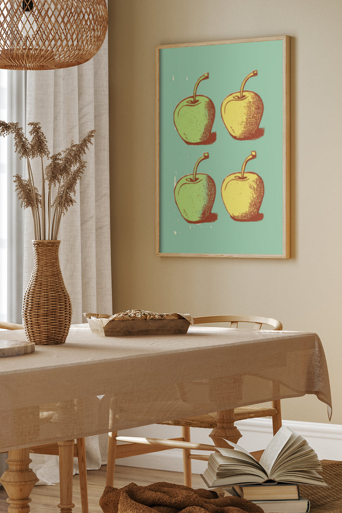 Retro vintage style apple illustration poster in a modern dining room setting