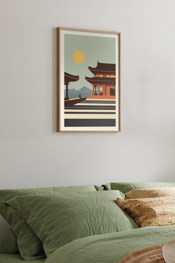 Vintage styled poster of an Asian temple at sunset hanging in a modern bedroom