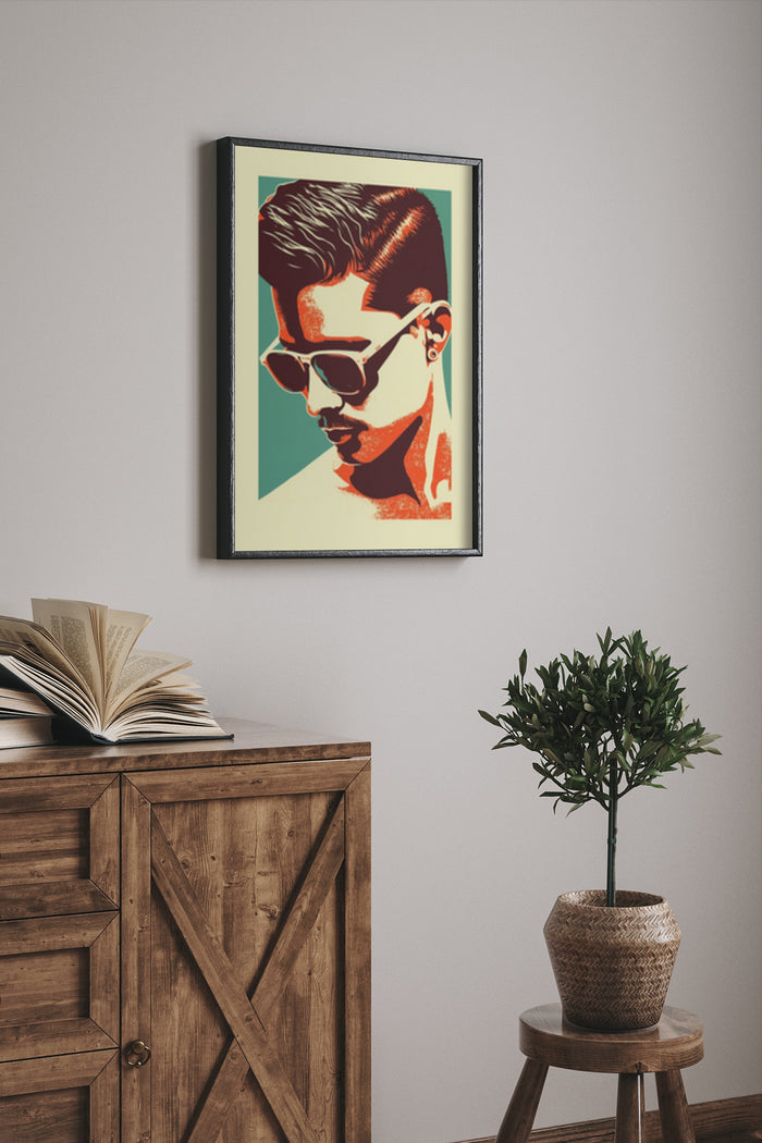 Vintage style poster of a man with a classic haircut and sunglasses in a frame on the wall