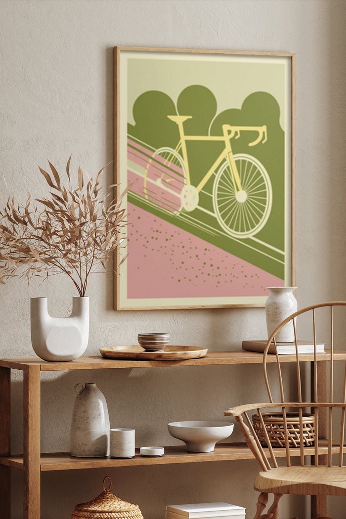 Vintage style bicycle art poster framed on a wall in a contemporary interior design setting