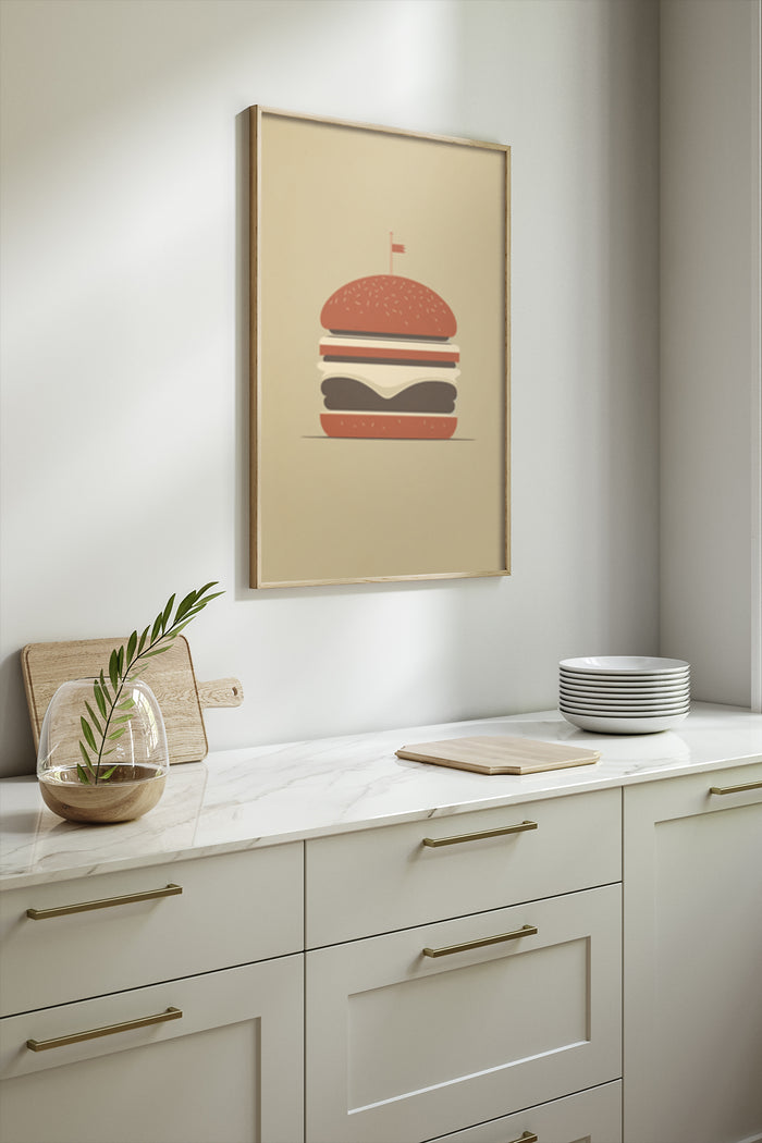 Minimalist vintage-style burger poster in modern kitchen setting