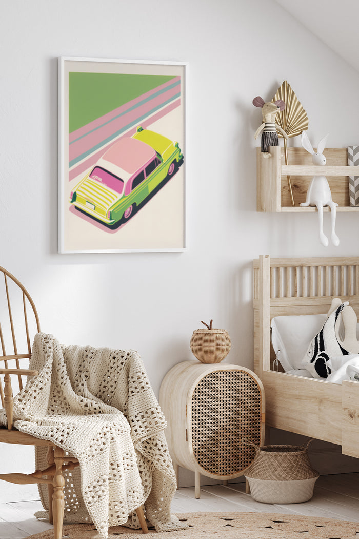 Vintage style pink and yellow car poster framed on a white wall inside a stylish modern interior