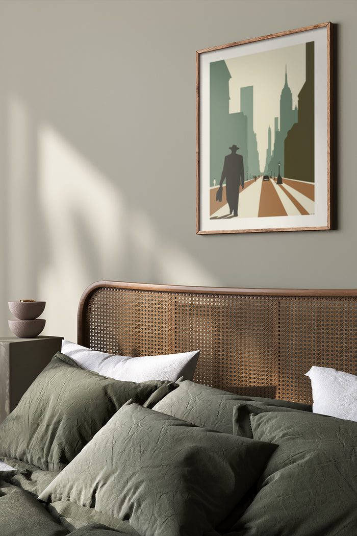Vintage style artistic cityscape poster with silhouette of a man in a bedroom interior scene