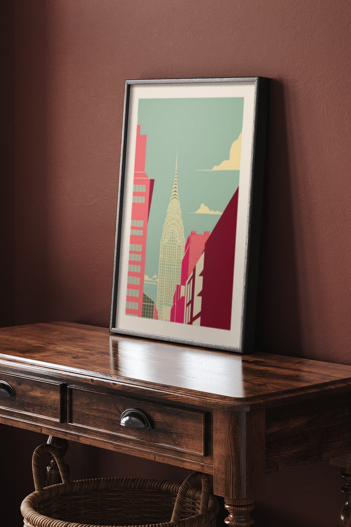 Vintage inspired cityscape illustration poster with iconic skyscraper, in a framed display on a wooden console table
