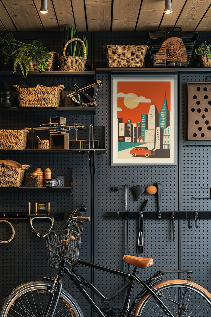 Modern interior design featuring vintage cityscape poster, bicycle, and stylish storage shelves
