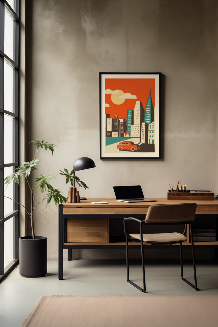 Retro cityscape artwork in a modern office space with desk, laptop, and lamp