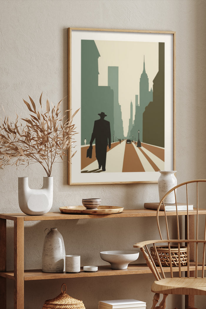 Stylish vintage cityscape art poster featuring silhouette of a man in a hat with urban skyline