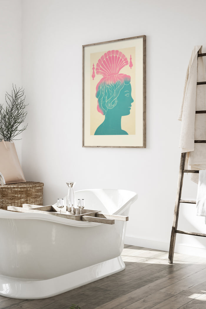 Vintage style poster of a classical profile silhouette artwork in a contemporary bathroom setting