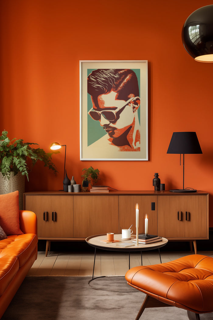 Retro-inspired poster of a stylish man with sunglasses in a contemporary living room setting