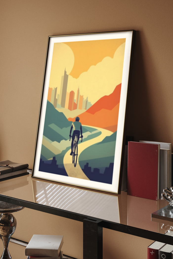 Vintage style cycling poster featuring a cyclist on a path towards a cityscape set against mountains and an orange sky