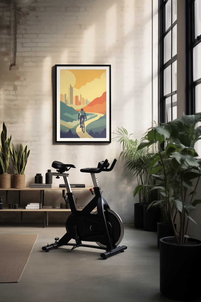 Retro cycling poster with a cyclist in motion against a colorful backdrop of mountains and city skyline in a stylish indoor setting