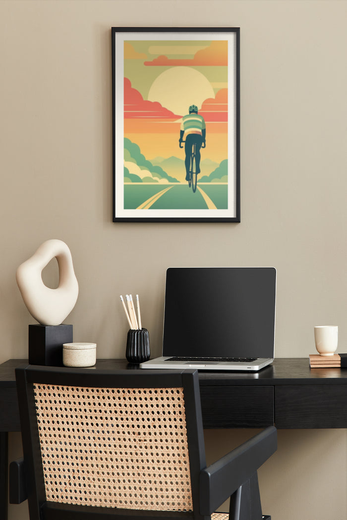 Vintage Style Cycling Poster with Cyclist on Road Against Sunset Landscape in Home Office Setting