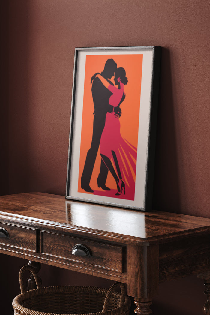 Vintage style poster of dancing couple silhouette with red and orange background