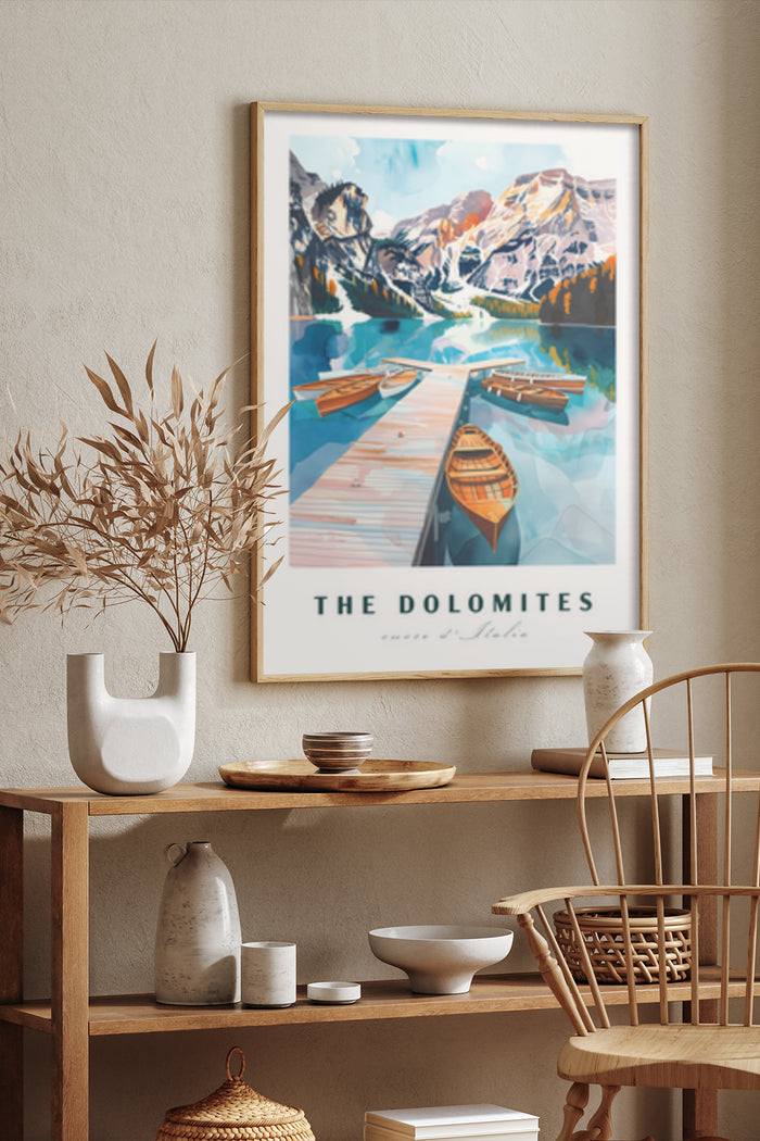 Illustrative poster of The Dolomites in vintage style with canoes docked in a mountain lake