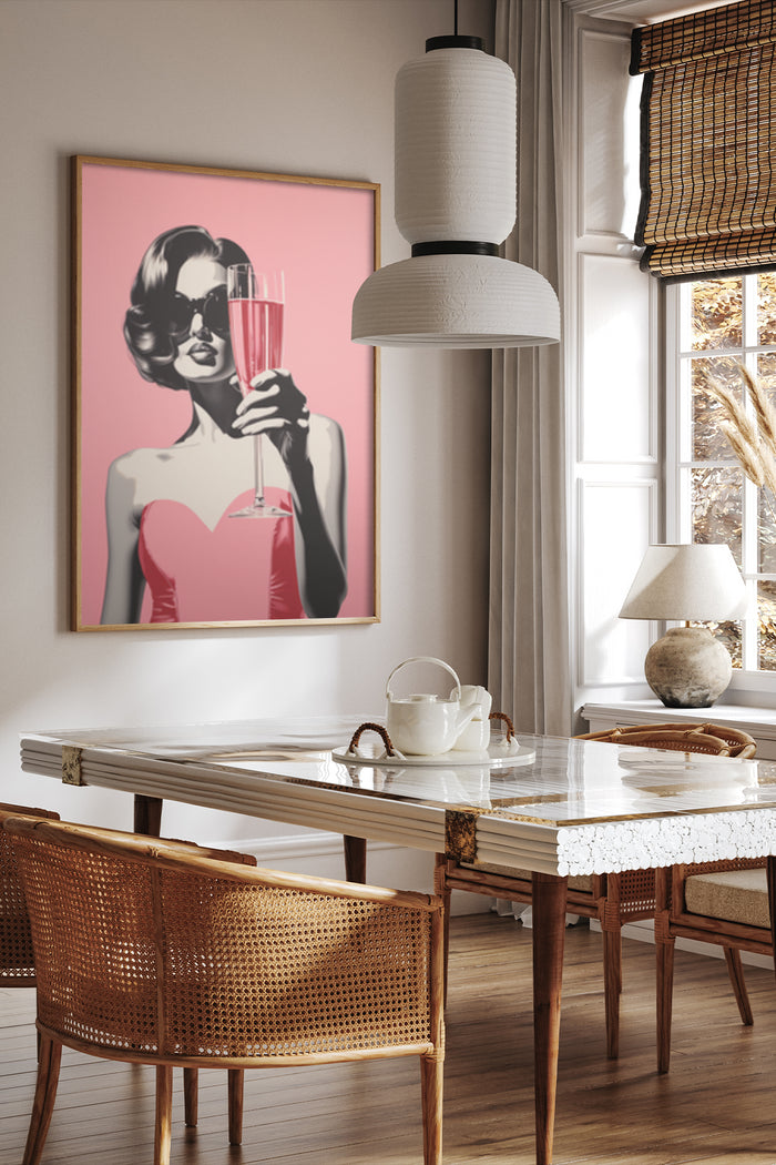 Vintage style art print of elegant woman with sunglasses holding a champagne flute in stylish dining room decor