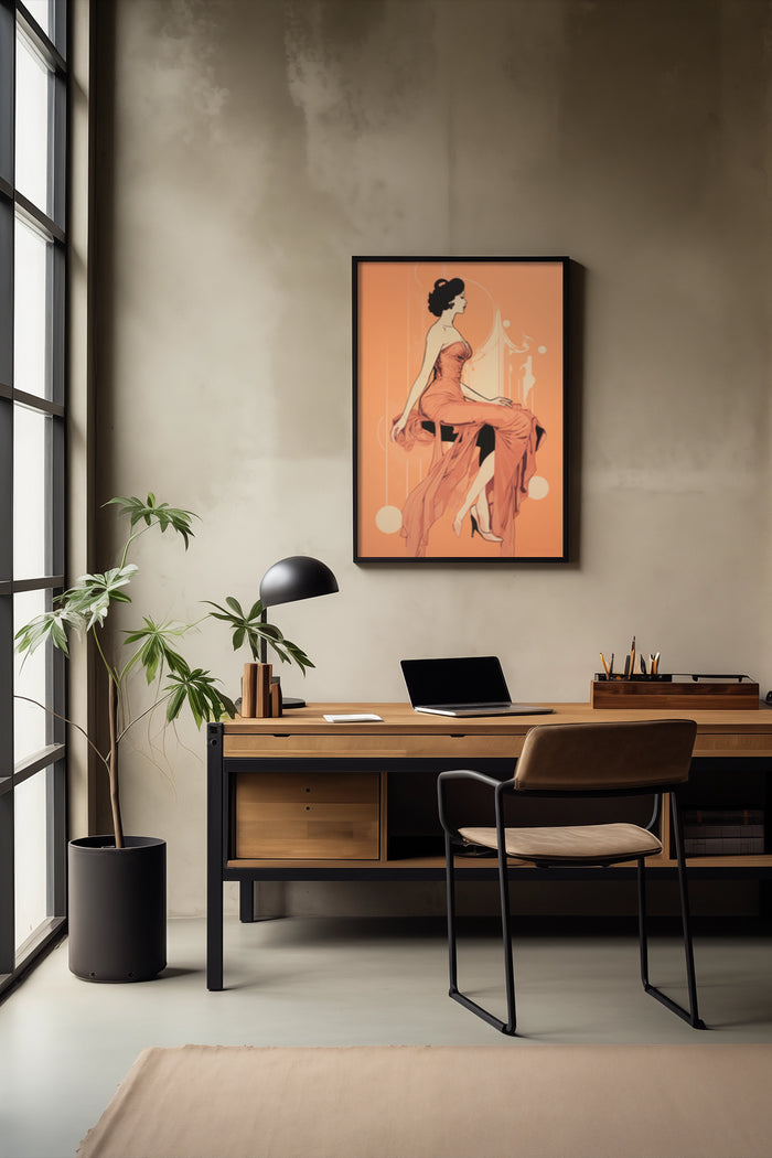 Vintage inspired fashion illustration poster in orange tones displayed in a contemporary home office