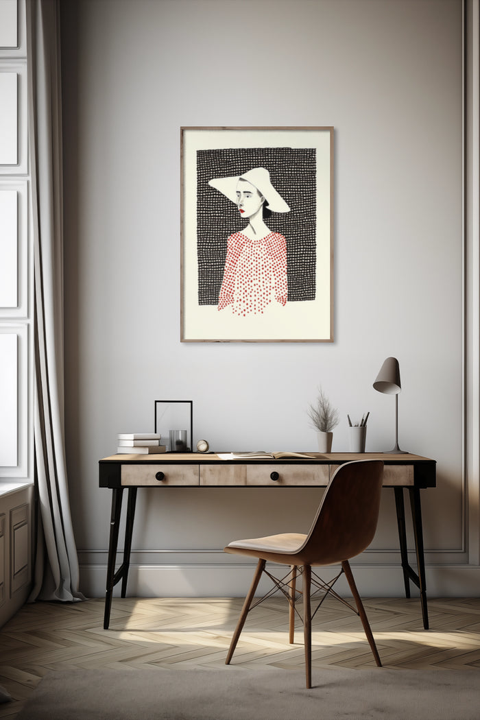 Stylish vintage portrait poster of a female figure with a wide-brimmed hat and polka dot outfit displayed above a modern desk in a minimalist room setting