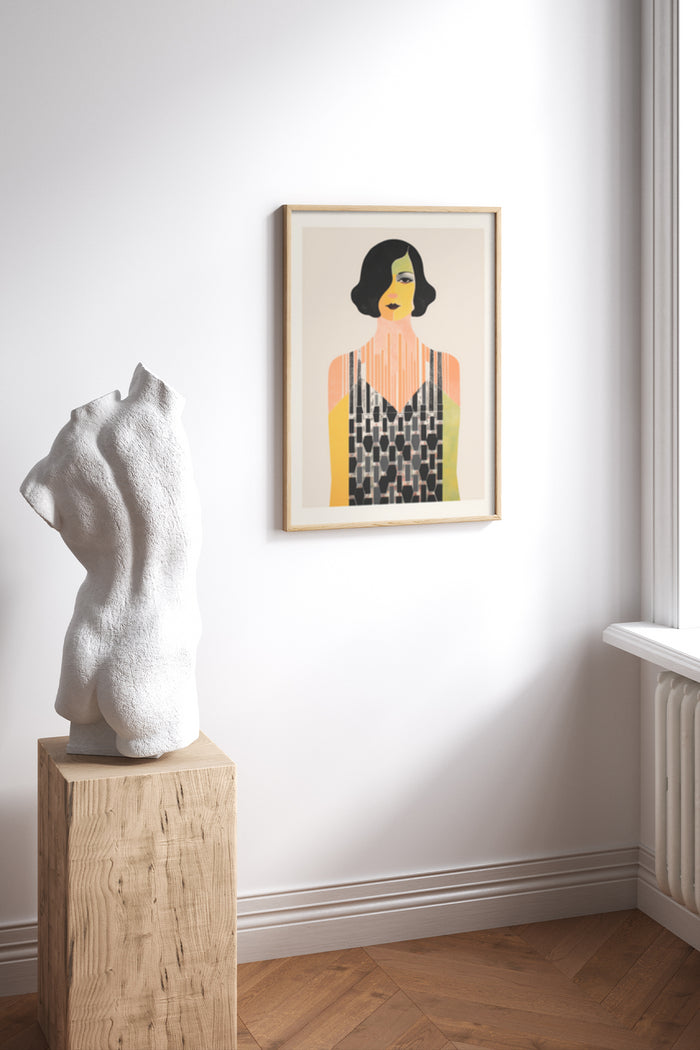 Stylized vintage portrait of woman wall art with abstract sculpture in contemporary room setting