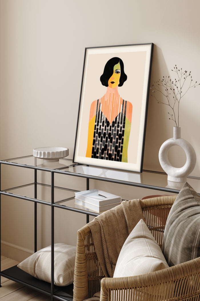 Vintage-Inspired Geometric Female Portrait Poster Displayed in a Stylish Contemporary Room