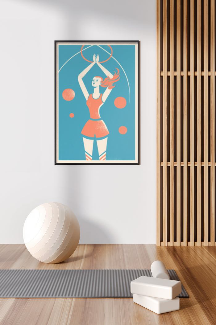 Vintage style poster of a woman performing a gymnastic pose with hoops