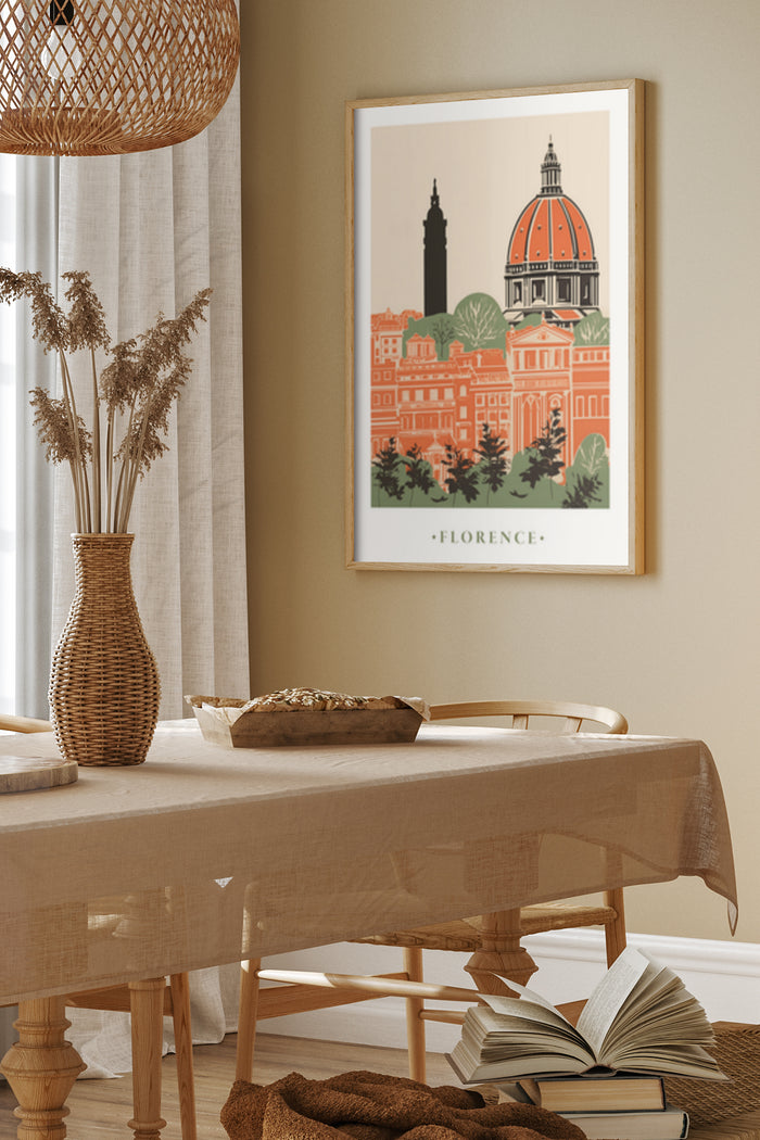 Vintage Style Florence Italy Travel Poster with Iconic Architecture and Trees