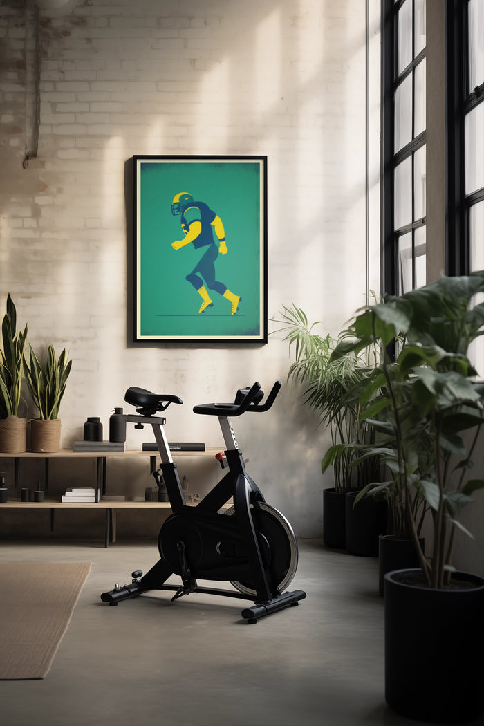 Vintage style football player poster in a contemporary home gym setting