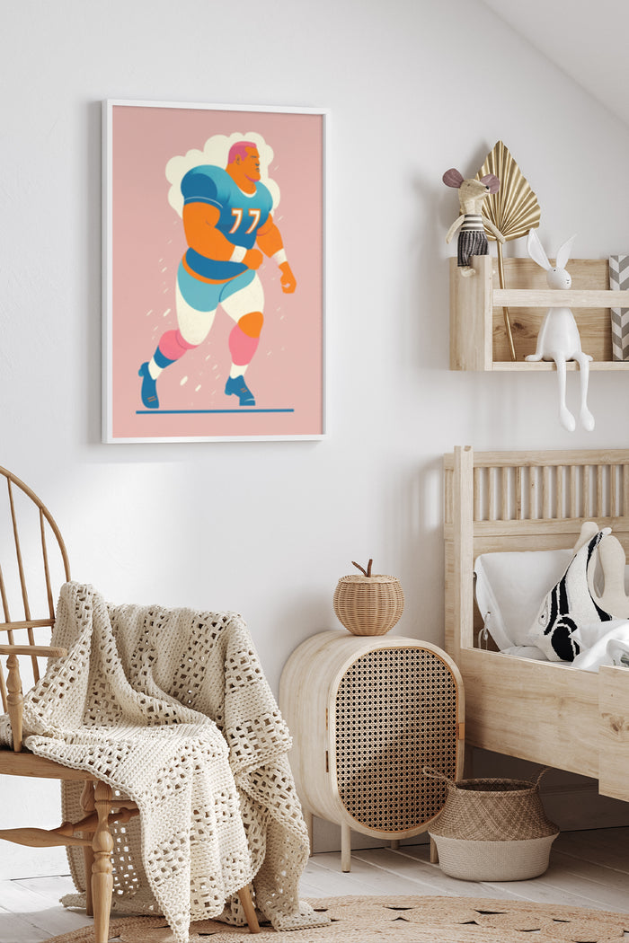 Vintage style illustrated poster of a football player with number 77 in a modern interior setting